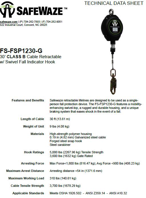 SafeWaze 30 Ft Cable SRL Class B, FS-FSP1230G